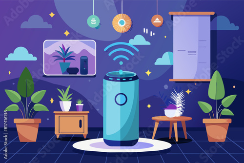 A smart air purifier and a couch in a room.