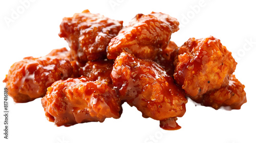  Ultra-HD macro shot of boneless buffalo wings drizzled with tangy sauce, transparent background