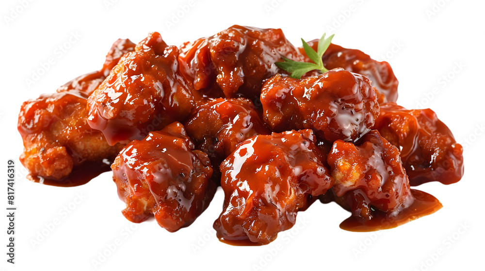  Ultra-HD macro shot of boneless buffalo wings drizzled with tangy sauce, transparent background