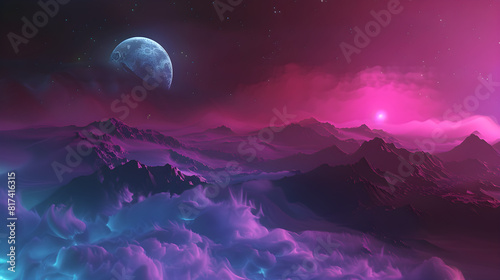 An abstract fantasy landscape with neon colors  star nebulae  moon  and mountains  creating an unreal and dreamlike atmosphere. Suitable for astronomy  horoscope  and fantasy-themed designs.
