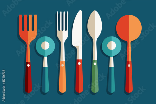 A red background with four silver utensils - forks, spoons, and knives.