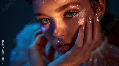 close-up beauty fashion photography of young sun-kissed woman with glitter makeup and manicured hands, dreamy vibes, moody lowkey studio lighting, blue background photo