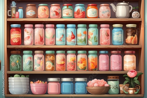Pantry background flat design front view cozy homemakers haven theme water color colored pastel photo
