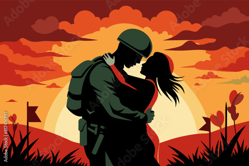A soldier and a woman embrace in front of a beautiful sunset. © SaroStock