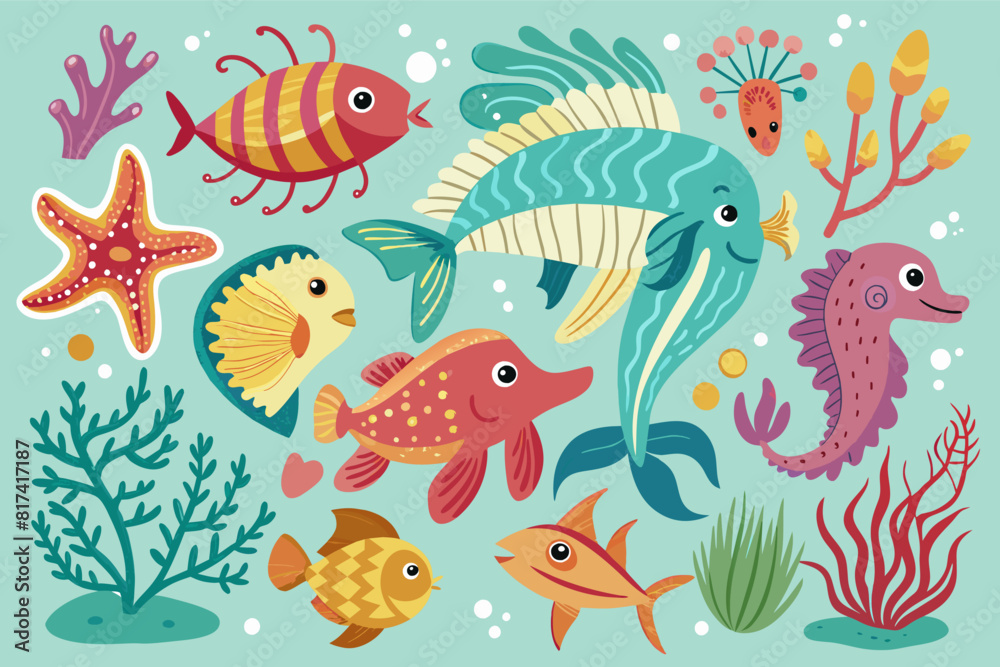 A colorful cartoon underwater scene with various fish swimming among coral reefs. A colorful cartoon underwater scene with various fish swimming among coral reefs.