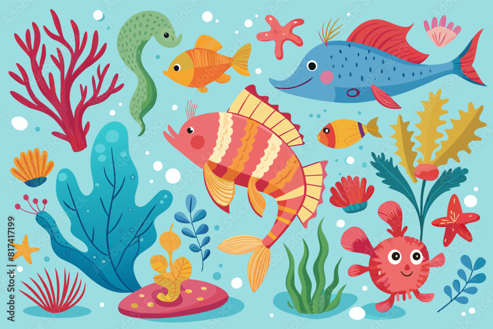 A colorful cartoon underwater scene with various fish swimming among coral reefs.