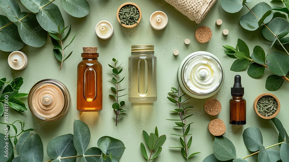 Top view hand cream in jar, essential oil, skin lotion and eucalyptus leaves. Natural organic beauty product concept Top view hand cream in jar, essential oil, skin lotion and eucalyptus leaves. Natural organic beauty product concept