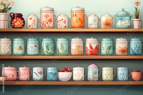 Pantry background flat design front view cozy homemakers haven theme water color colored pastel photo