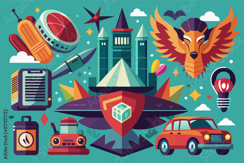 School supplies and objects set including pencils, notebooks, scissors, and rulers. Vector illustration.