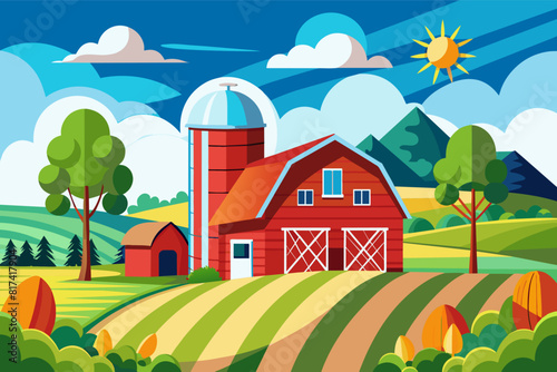 Farm landscape with red barn and silo under a clear blue sky.