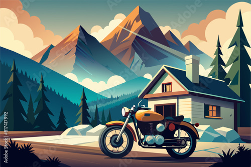 A motorcycle parked in front of a house with majestic mountains in the background.