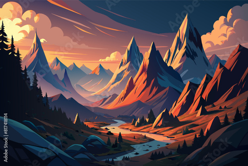 Scenic mountain landscape with trees and a river flowing through, showcasing the beauty of nature.
