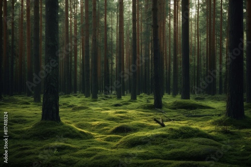 magic pinewood lawn. dark toned green forest. beautiful natural background © alisaaa