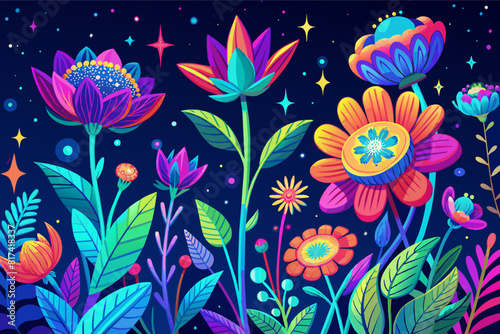 Vibrant flowers glowing under a starry night sky  Colorful garden illuminated with neon hues.