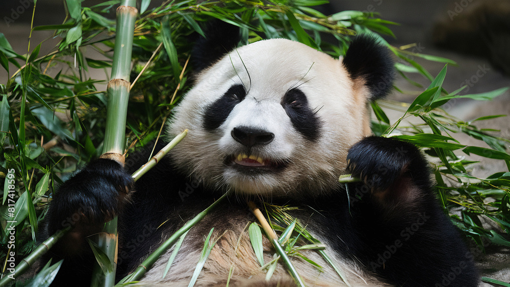 panda bear enjoying a meal of bamboo leaves. panda bear enjoying a meal of bamboo leaves.