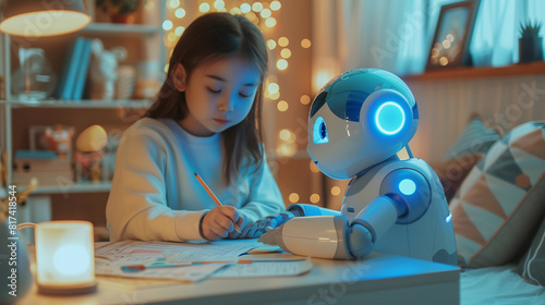 Obraz na płótnie oriental Young girl doing her school homework with an artificial intelligence assistance robot using technology for early education w salonie