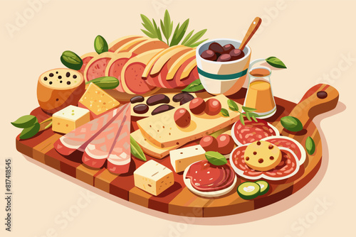 A wooden cutting board with cheese, olives, and various other foods.