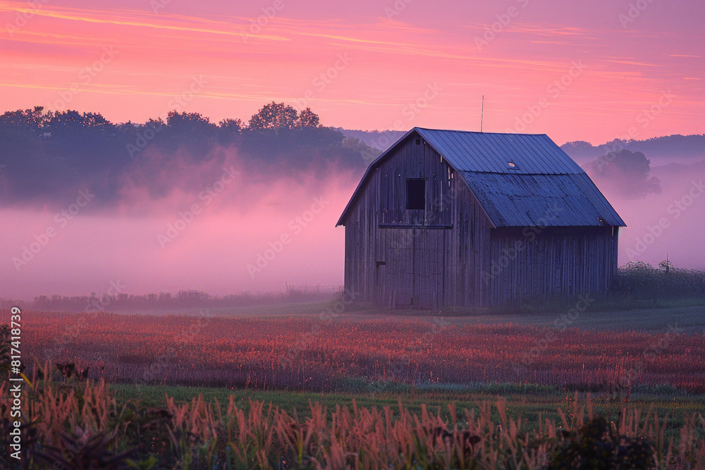 A tranquil countryside sunrise scene with soft fog blanketing the fields and enveloping a rustic barn, as the first light of dawn paints the sky in shades of pink and gold