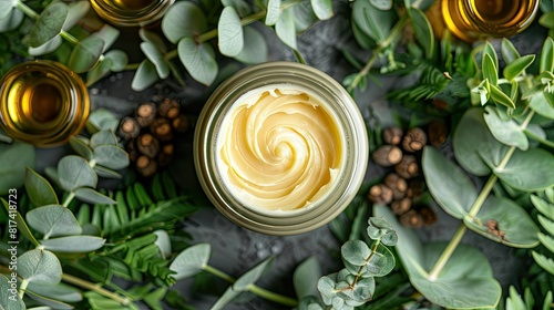 Top view hand cream in jar, essential oil, skin lotion and eucalyptus leaves. Natural organic beauty product concept photo