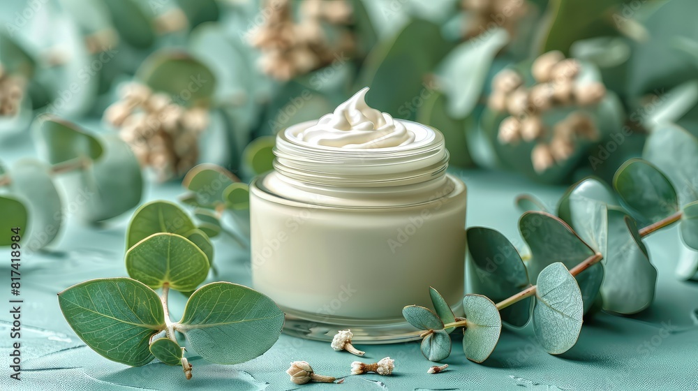 Top view hand cream in jar, essential oil, skin lotion and eucalyptus leaves. Natural organic beauty product concept Top view hand cream in jar, essential oil, skin lotion and eucalyptus leaves. Natural organic beauty product concept