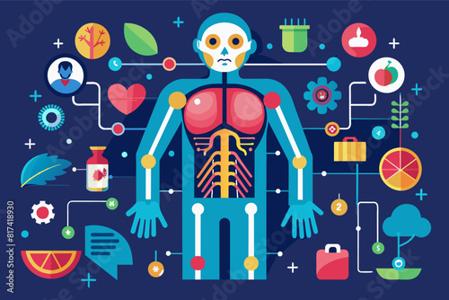 An illustration of a human body surrounded by health icons like a heart, stethoscope, apple, and dumbbell.