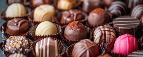 An assortment of pralines. The intricate details and vibrant colors of the chocolates