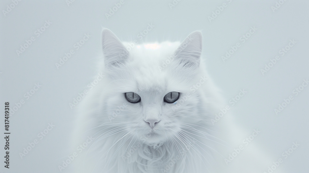 Minimalist front view of a pure white cat against a white background, emphasizing a clean and simple aesthetic.
Minimalist front view of a pure white cat against a white background, emphasizing a clean and simple aesthetic.
