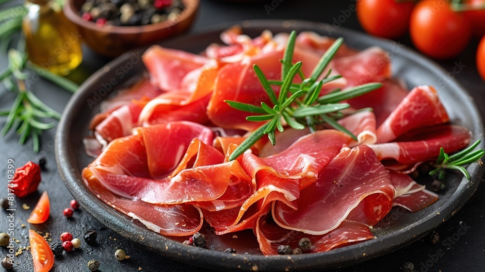 Slices of prosciutto di parma or jamon serrano (iberico) on a black plate Slices of prosciutto di parma or jamon serrano (iberico) on a black plate