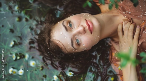 beautiful teenager lying in her garden wet from the rain with raindrops in high resolution and quality