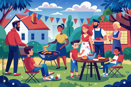 A family enjoying a barbecue in their yard, with delicious food cooking on the grill and everyone gathered around.