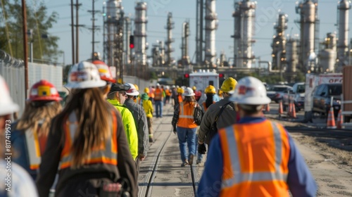 A loud siren blaring as workers quickly gather at a designated safe zone during a refinery evacuation drill.