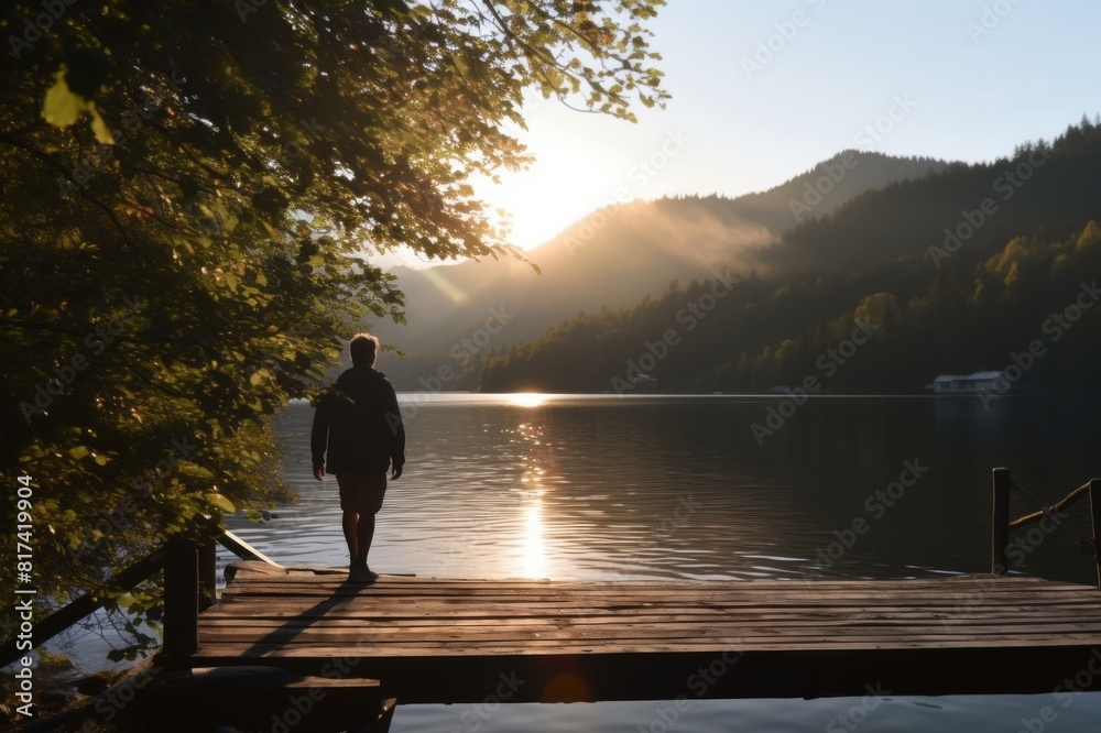 Man walks onto dock over lake and watches sunrise over mountains and forest He looks off to distant scene Man walks onto dock over lake and watches sunrise over mountains and forest He looks off to distant scene