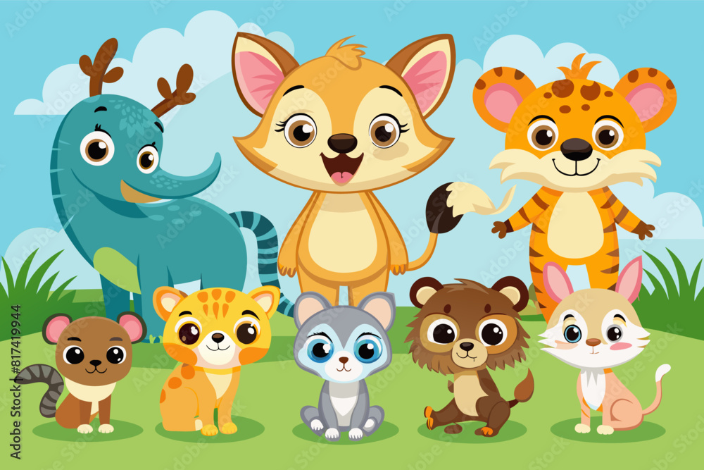 Naklejka premium Cartoon animals in the wild, including a lion, zebra, and monkey playing together in their natural habitat.