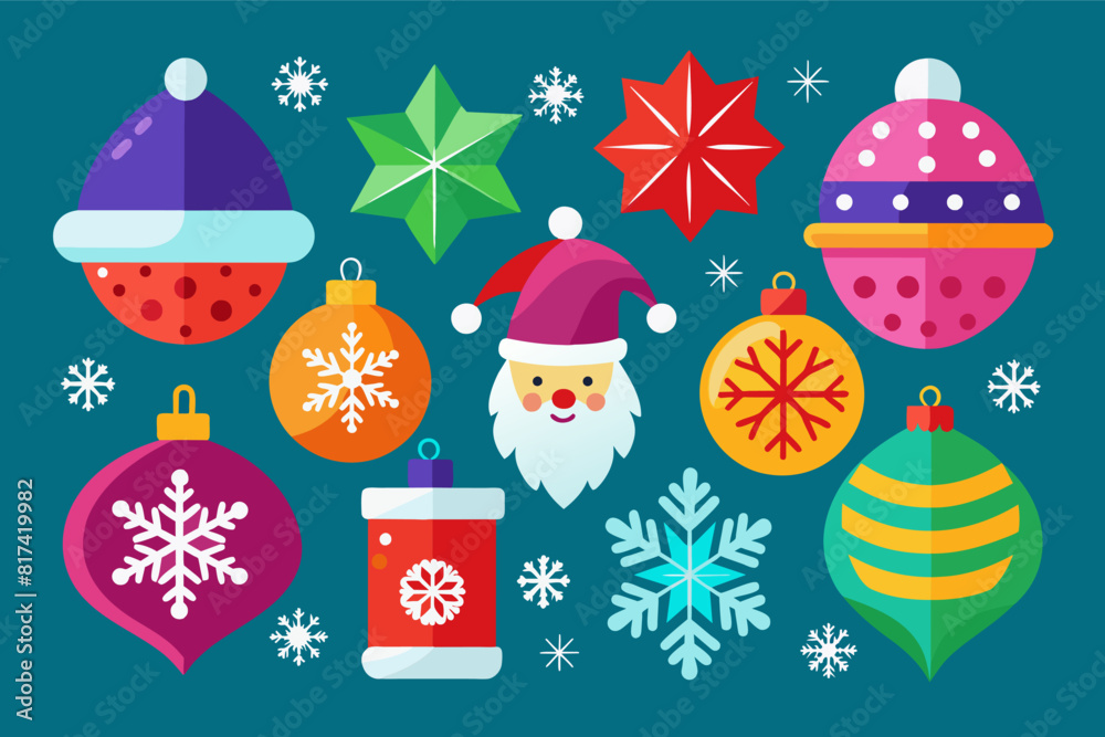 Christmas decorations vector illustration with colorful ornaments, lights, and a festive atmosphere.