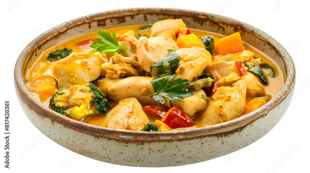 Yellow curry in a round dish, featuring chicken and vegetables, transparent background Yellow curry in a round dish, featuring chicken and vegetables, transparent background
