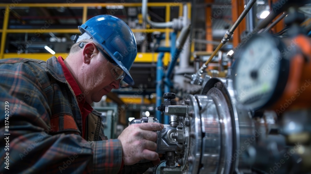 A technician inspecting the energy usage of machinery and making adjustments for optimal efficiency. A technician inspecting the energy usage of machinery and making adjustments for optimal efficiency.