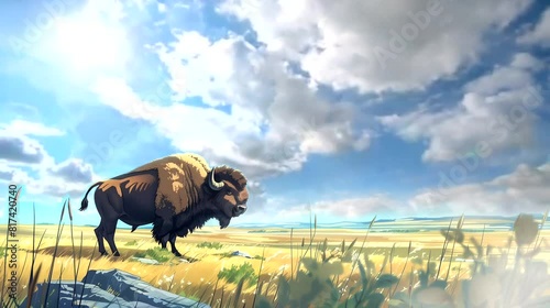Bison in vast prairie landscapes. Anime or digital painting style, looping 4k video animation background photo