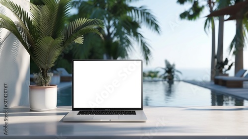 Mockup of modern laptop next to pool, AI-generative