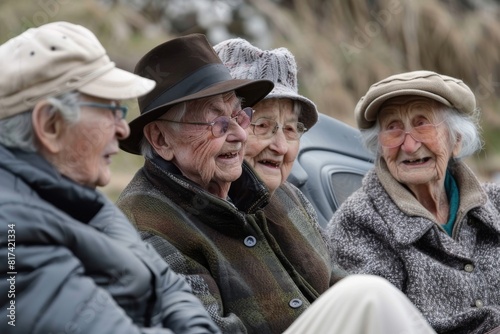 Group of senior friends sitting in cabriolet and laughing at camera