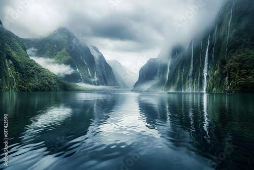 Serene mountain lake landscape with waterfalls © Edvvin