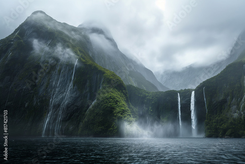 Majestic waterfalls in misty mountain landscape