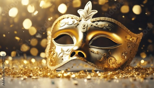 'AI-Generated Celebration Carnival background Golden mask transparent confetti Every Mask's Radiance gold masquerade venetian party costume venice decoration theatre disguise' © akkash jpg