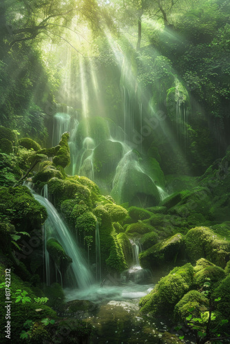 A mystical forest waterfall cascading over moss-covered rocks, with sunlight filtering through the dense canopy of trees, casting enchanting rays of light on the shimmering waters below