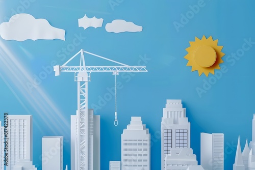 Sustainable development growth concept city landscape with tower cranes minimalist 3d illustration pastel color paper art style