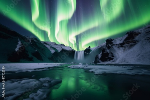 northern lights (aurora borealis) dancing over the frozen skógafoss waterfall in winter covered in ice and snow (snowcapped mountain), golden circle route, iceland photo