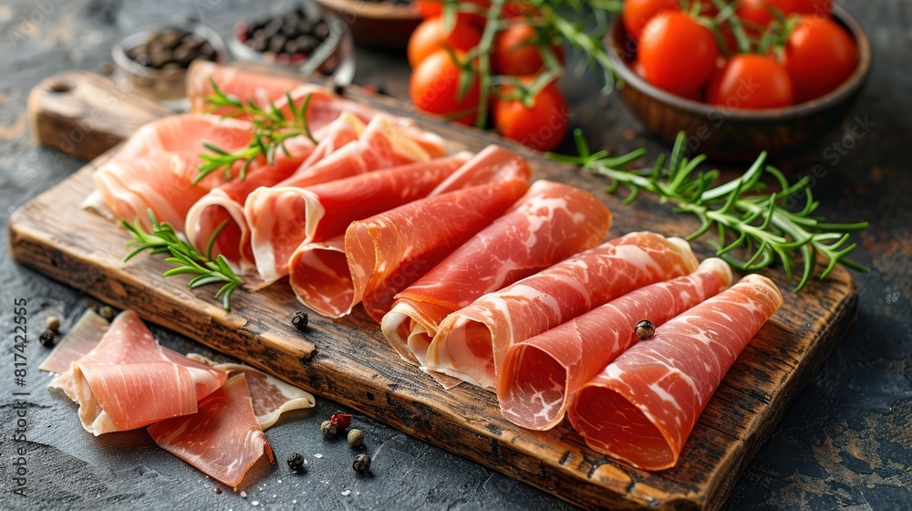 Slices of prosciutto di parma or jamon serrano (iberico) on a dark cutting board. Slices of prosciutto di parma or jamon serrano (iberico) on a dark cutting board.