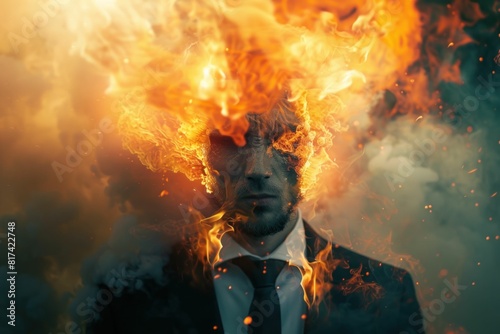 Man in business suit and tie with fiery head and face symbolizing intense stress and pressure in corporate world
