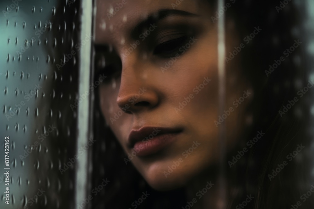 pensive woman looking through window on rainy day pensive woman looking through window on rainy day