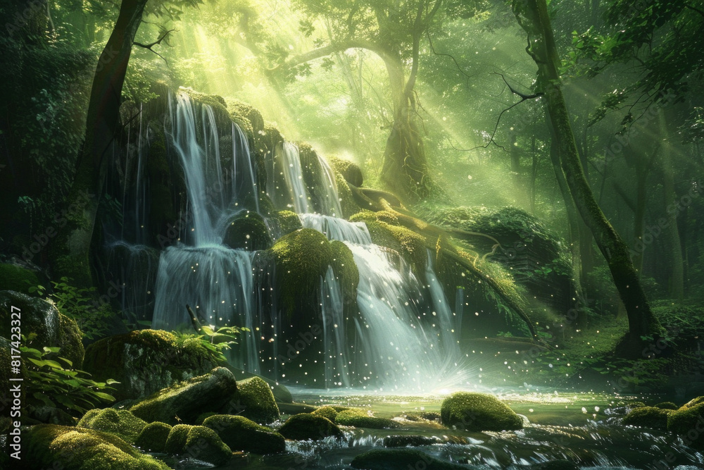 A mystical forest waterfall cascading over moss-covered rocks, with sunlight filtering through the dense canopy of trees, casting enchanting rays of light on the shimmering waters below A mystical forest waterfall cascading over moss-covered rocks, with sunlight filtering through the dense canopy of trees, casting enchanting rays of light on the shimmering waters below