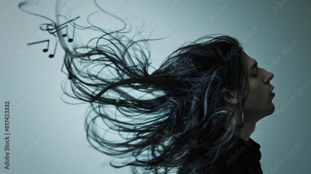Woman with flowing hair and music notes in the background beauty and music harmony at its finest Woman with flowing hair and music notes in the background beauty and music harmony at its finest